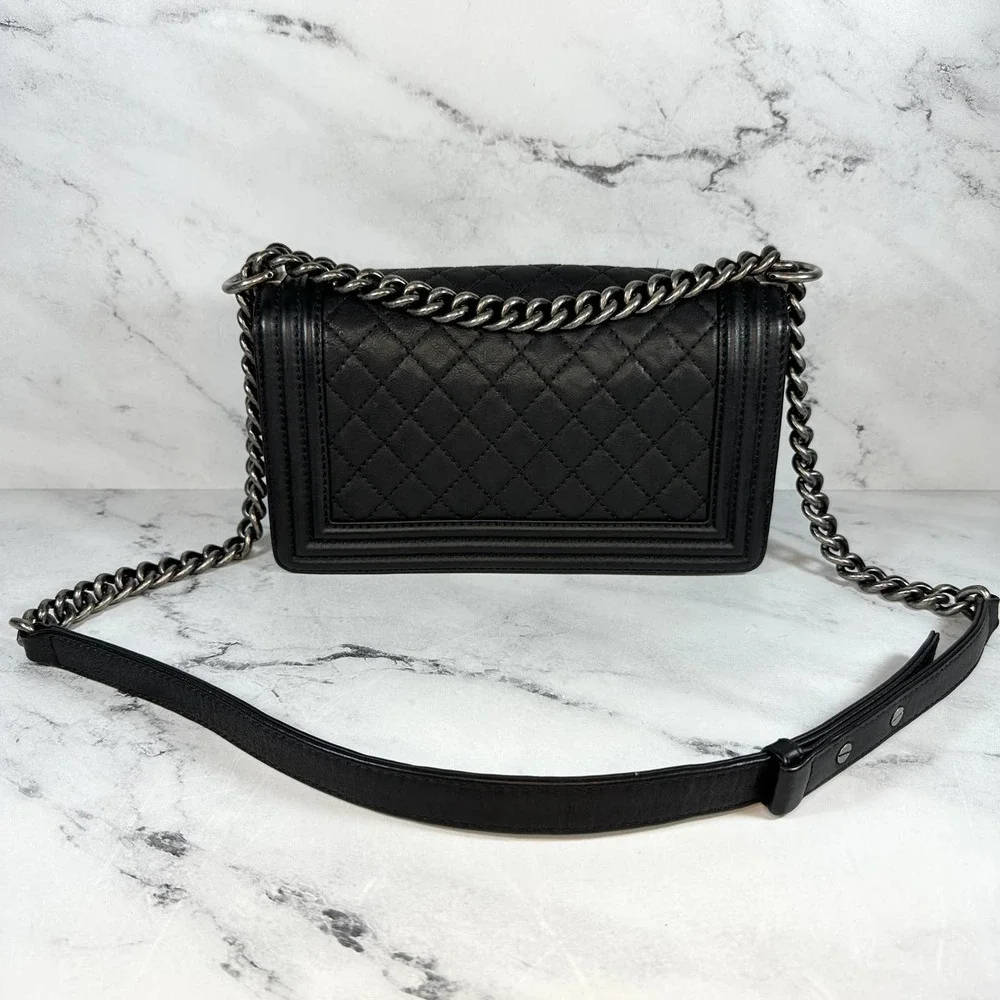 ❌❌ Chanel Boy Bag Metal Old Medium Classic Quilted Black Flap CC Leboy Calfskin - Picture 9 of 16